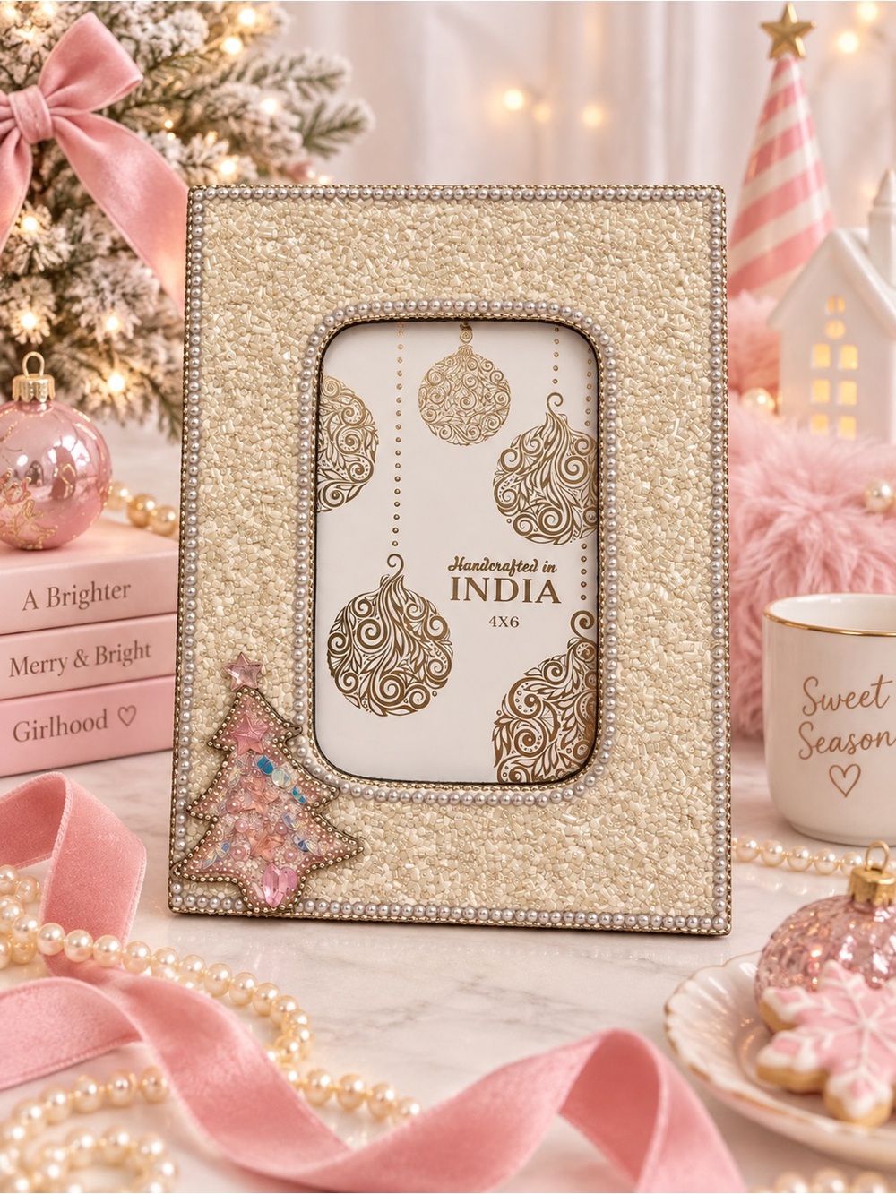Handcrafted Beaded 4x6 Picture Frame with Pink Christmas Tree Holiday Glam